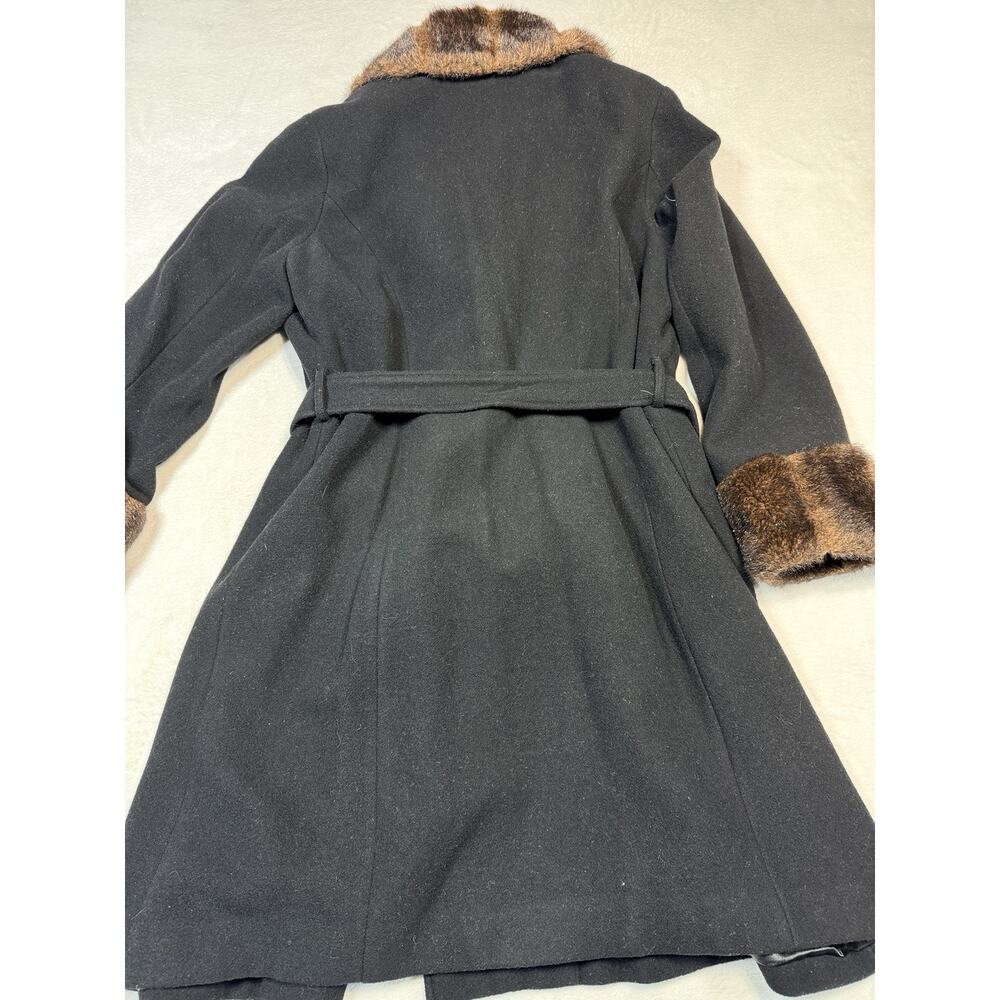 Jessica London Vintage Wool Blend Coat Faux Fur Collar Cuffs Belted Black Medium - Picture 7 of 12